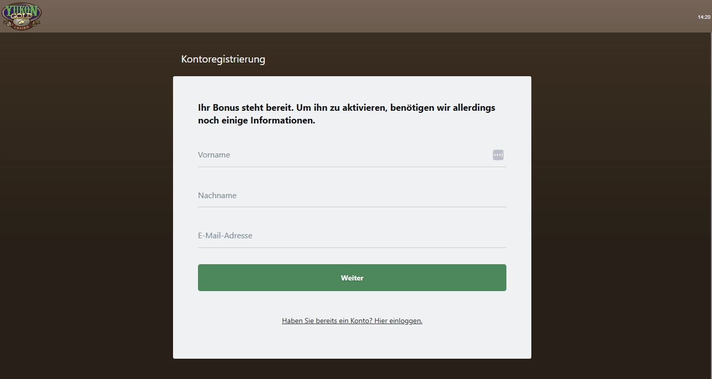 Registrierungsoberfläche von Yukon gold Casino